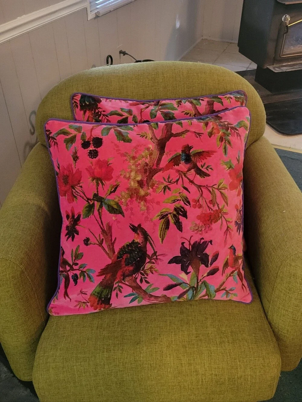 Eyes of India Velvet Floral Bird Throw Pillows Set of 2 Pink Boho Maximalist 20